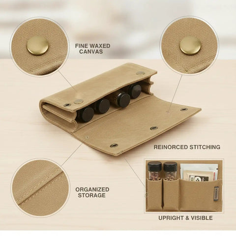 Roll Style Spice Organizer For Camping And Travel Kitchens Portable Seasoning Pouch showing waxed canvas and storage pockets.