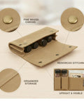 Roll Style Spice Organizer for Camping and Travel Portable Pouch with open waxed canvas showing spice jars and compartments.