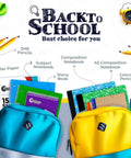 Back to school supplies including composition notebooks, filler paper, colored pencils, steno book in blue and yellow backpacks.