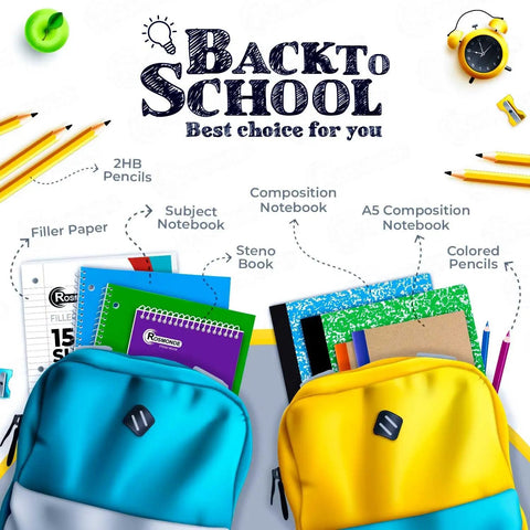 Back to school supplies including composition notebooks, filler paper, colored pencils, steno book in blue and yellow backpacks.