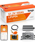 All In One 48V LiFePO4 Golf Cart Battery Upgrade Kit With 56.8V Charger And 100Ah Capacity Built In 200A BMS LCD Touch Display For Real Time Monitoring Voltage Converter Retention Strap And App Access Plug And Play Ready 5000 Plus Cycles displayed with components and app interface