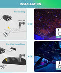 Installation guide for Headliner Star Light Kit with 1200 pcs fiber optic cables, showcasing ceiling and car headliner setup.