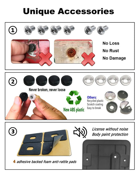 Unique accessories for Rear License Plate Holder for Tesla Model 3 and Model Y Mount Kit With Bracket Frame Screws and Caps.