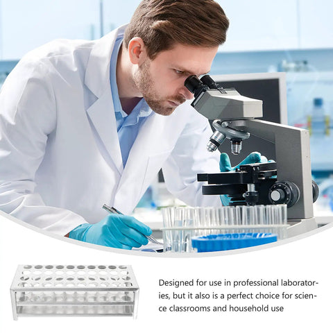 Laboratory worker using microscope with Premium Aluminum Test Tube Rack Stand For Lab Safety Small Test Tubes Metal Holder.