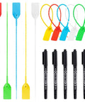 105 Piece Colorful Security Zip Ties Set With Self Locking Tamper Seal Tags In Red Yellow Blue Green And White For Fire Extinguishers First Aid Kits Luggage And More Plus Five Black Marker Pens arranged on white background.