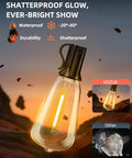 Close-up of shatterproof Edison bulb from outdoor string lights, showing durability features in a rugged environment.