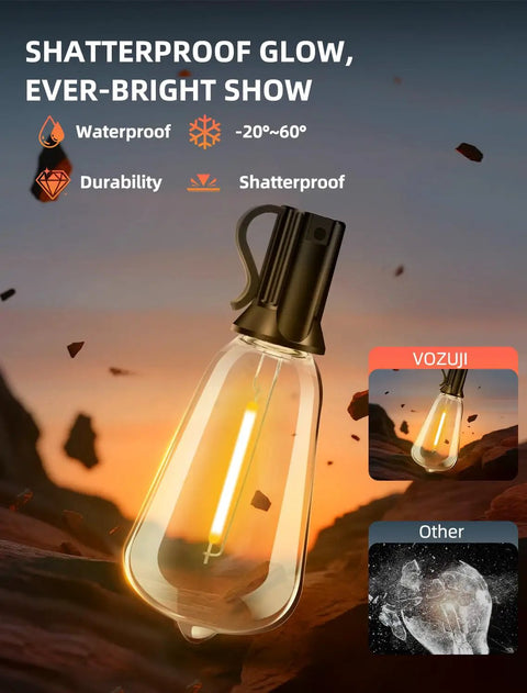 Close-up of shatterproof Edison bulb from outdoor string lights, showing durability features in a rugged environment.