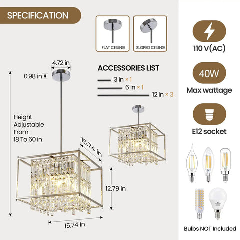 Diagram showing Raindrop Crystal Pendant Light For Kitchen Island With Adjustable Height And Chrome Frame dimensions and specifications