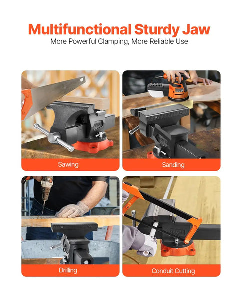 Heavy Duty 8 Inch Bench Vise With 360 Degree Swivel Locking Base and Two Way Jaws used for sawing, sanding, drilling, and cutting