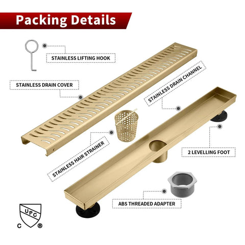 Packing details of Slick 36 Inch Linear Shower Drain With Brushed Gold Finish including components like stainless drain cover and hair strainer.