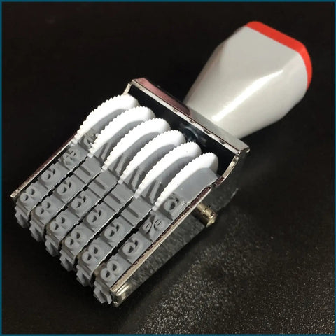 Kickass Six Digit Number Roller Stamp With Changeable Price Date Wheels For Custom Scrapbooking And Office Projects Slick Rubber Rolling Seal Tool viewed from the top.