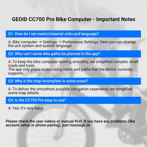 GeoID CC700 Pro Bike Computer FAQ and setup instructions shown on screen.