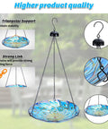 11 Inch Hanging Glass Bird Bath With Peacock Pattern Outdoor Bird Feeder And Garden Decor For Yard. Blue wavy rim and iron chain.
