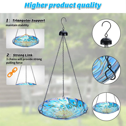11 Inch Hanging Glass Bird Bath With Peacock Pattern Outdoor Bird Feeder And Garden Decor For Yard. Blue wavy rim and iron chain.