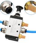 4R210-08 Hand Lever Air Valve With Mufflers, 5 Way 2 Position Manual Pneumatic Control Valve, connected with blue hoses