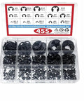 455-Piece E-Clip External Retaining Ring Assortment Kit With 14 Sizes In Black Steel shown in plastic organizer box
