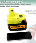 Universal Battery Adapter That Converts Dewalt 20V Max Lithium To Ryobi 18V P107 P108 Tools With Built In USB Charger 5V 2.1A Max shown with USB charging a smartphone