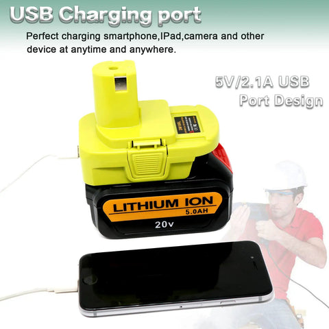 Universal Battery Adapter That Converts Dewalt 20V Max Lithium To Ryobi 18V P107 P108 Tools With Built In USB Charger 5V 2.1A Max shown with USB charging a smartphone