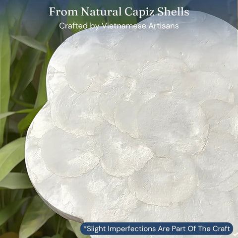 Genuine White Capiz Shell Rotating Lazy Susan Serving Tray For Dining Tables Features Scalloped Design with natural shell texture.