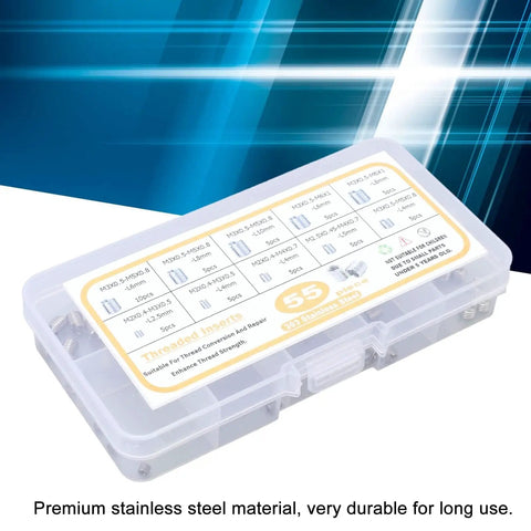 55 Piece Metric Threaded Insert Kit With Thread Reducer Nuts For Metal Repair And Mechanical Assembly M2 M2.5 M3 Stainless Steel Fastener Set Durable High Hardness Wide Assortment in plastic case.