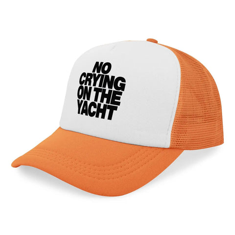Everyday Mens Cap With Low Profile Fit And Breathable Ventilation Lightweight Baseball Style Hat For Men All Day Comfort featuring 'No Crying on the Yacht' text in black on orange and white.