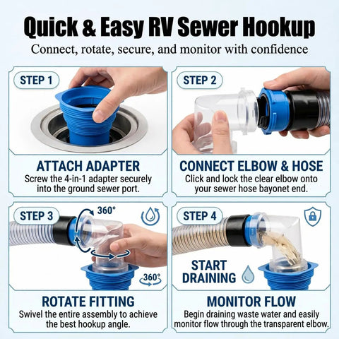 RV Sewer Hose Elbow 4-In-1 Adapter With Odor Tight Gasket And 360 Degree Swivel, Leakproof RV Fitting For Dump Station Inlets, Universal 3 To 4.5 Inch Inlet Compatibility, Clear See-Through Design. Clear 90-degree RV sewer elbow shown in 4-step hookup use.