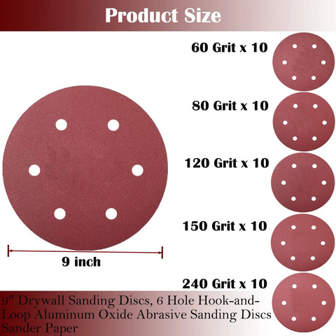 Pro Grade 9 Inch Drywall Sanding Discs Set Bulk Pack With Hook And Loop Backing Six Hole 50 Discs Include 60 80 120 150 And 240 Grits