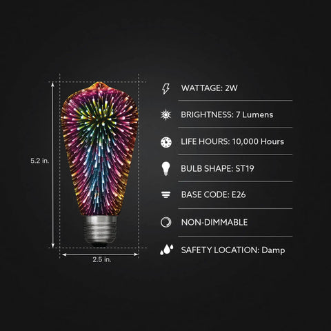 Infinity 3D Fireworks Multicolor LED Bulb for Party Vibes Prism ST19 Style LED Bulb ST19 Prism LED 1 Count Vintage Shape Firework Burst Lighting Perfect For Bedrooms Patios And Festive Gatherings