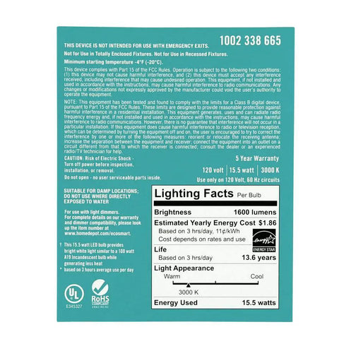 Back of packaging for 8-Pack LED Dimmable A19 Light Bulbs, showing detailed specifications and energy information