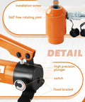 Diagram highlighting the 360-degree rotating joint and high precision plunger of the Heavy Duty 15 Ton Hydraulic Punch Driver Kit.