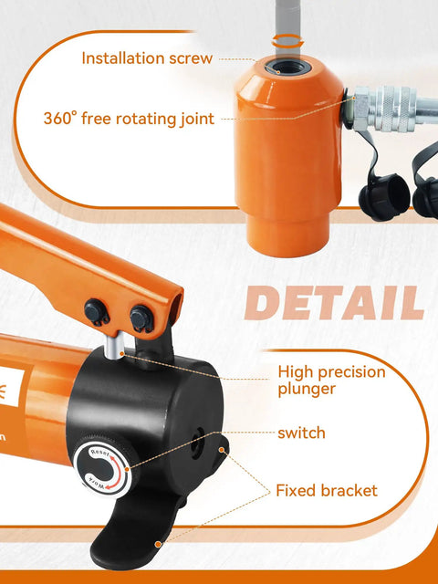 Diagram highlighting the 360-degree rotating joint and high precision plunger of the Heavy Duty 15 Ton Hydraulic Punch Driver Kit.