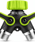 Heavy Duty 2 Way Hose Splitter Built Tough Metal Y Connector With No Fuss Shutoff Valves For Spigot Brass Outdoor Faucet Adapter Three Quarter Inch GHT Water Hose Connector Green, metal body