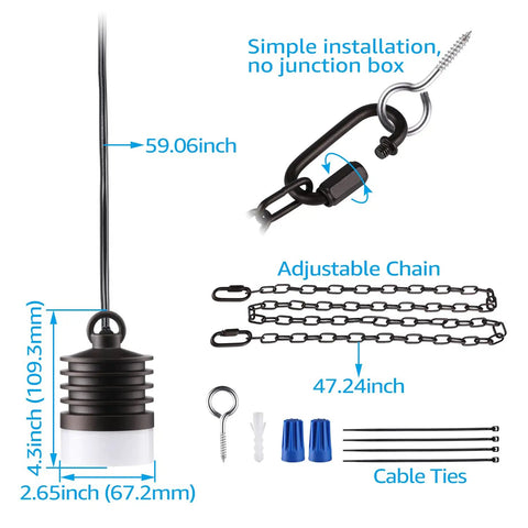 Low Voltage Outdoor Pendant Lights Pack Of 4, 12V LED Hanging Tree Lights installation kit with chain and cable ties shown