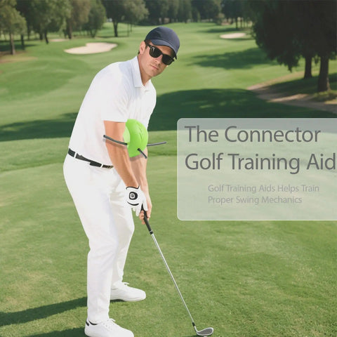 Golfer demonstrating Connector Golf Swing Trainer For Posture Correction And Smooth Mechanics on golf course