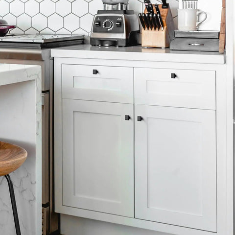 25 Pack Matte Black 1-3/16 Inch Square Cabinet Knobs For Cabinets And Drawers Solid Drawer Pulls 30mm Black Hardware Easy Install Square Kitchen Knobs With Single Hole Mounting visible on white kitchen cabinets