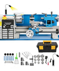 Upgraded 7X14 Inch Benchtop Mini Lathe Machine With Variable Speed And Knockout Precision Built Different For Heavy Duty Turning Drilling Boring And Threading Anytime In Your Garage with tools and accessories.