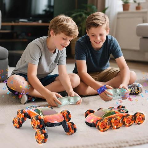 QPOU 8-Wheel RC stunt cars; two orange off-road vehicles with gesture remote controllers.