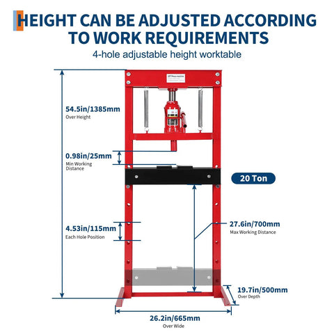 Front view of 20 Ton Hydraulic Shop Press With H Frame 7 Position Adjustable Height Movable Plates Dust Cover And Auto Relief Valve