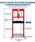 20 Ton Hydraulic Shop Press With H-Frame, 7-Position Adjustable Height, Movable Plates, Dust Cover, And Safe Relief Valve dimensions