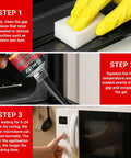 Heat Resistant Silicone Sealant 2 Pack 50ml Each for Oven Doors and Glass Cooktops application steps shown in three images.