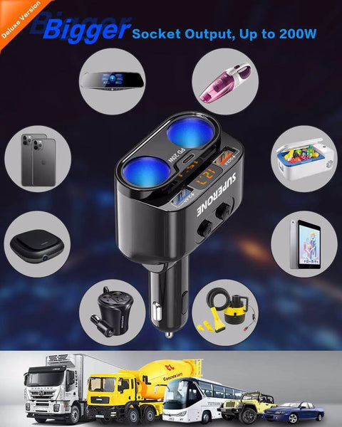 Dual Cigarette Lighter Splitter Car Charger With Independent Switches 200W Peak Power USB C PD 3.0 20W And QC 3.0 Fast Charge