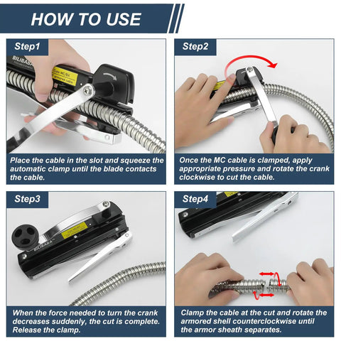 Heavy Duty Workhorse MC Cable Cutter adjusts 3/16 to 7/10 inches shown demonstrating cable cutting steps for electricians.
