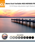 55mm Variable ND Filter ND3-ND1000 1.5-10 Stops for Cameras showing sunset effect, adjustable HD neutral density, Nano X Series