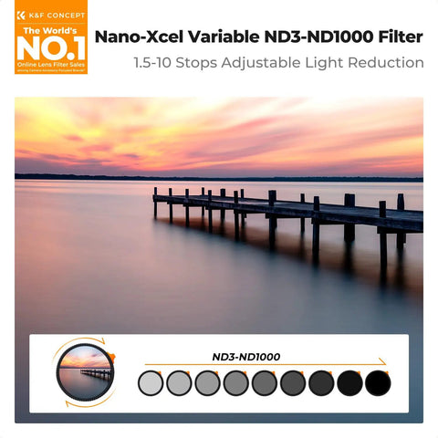 55mm Variable ND Filter ND3-ND1000 1.5-10 Stops for Cameras showing sunset effect, adjustable HD neutral density, Nano X Series