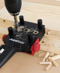 Handheld Dowel Jig For Flawless Corner Edge Surface Woodworking Joints With Adjustable Fence Self Centering Pins Three Metal Bushing Sizes And Dead Nuts Accurate Alignment on wood with drill setup