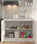 Utility Sink Base Cabinet With Integrated Stainless Steel Countertop Freestanding Cabinet With Double Doors And Built In Sink Heavy Duty Storage And Easy Cleanup With Ample Interior Shelf open showing stored items