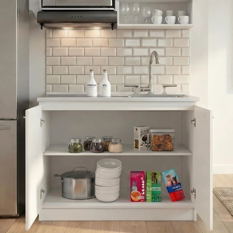 Utility Sink Base Cabinet With Integrated Stainless Steel Countertop Freestanding Cabinet With Double Doors And Built In Sink Heavy Duty Storage And Easy Cleanup With Ample Interior Shelf open showing stored items