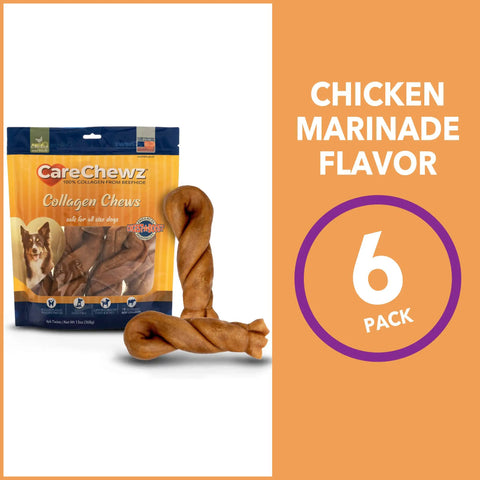 Collagen Twist Keys Dog Chews Chicken Flavor Six Count Pack Made In USA Beefhide Treats packaging with two chews in front