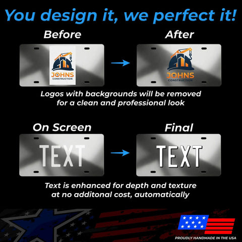 Straight Up Custom Front License Plate For Cars And Trucks Keep Your Ride Looking Fresh With Fully Personalized Designs Upload Photos Or Business Logos Add Bold Fonts And Vibrant Colors To Total Crush Every Block showcasing logo enhancement process.