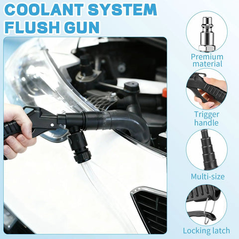Lever Action Coolant Flush Gun And Heater Core Bleeder Kit With Hose Adapter Set For Automotive Radiator Flushing and Engine Cooling System Maintenance Backyard Mechanic Certified, close-up of flush gun in use.